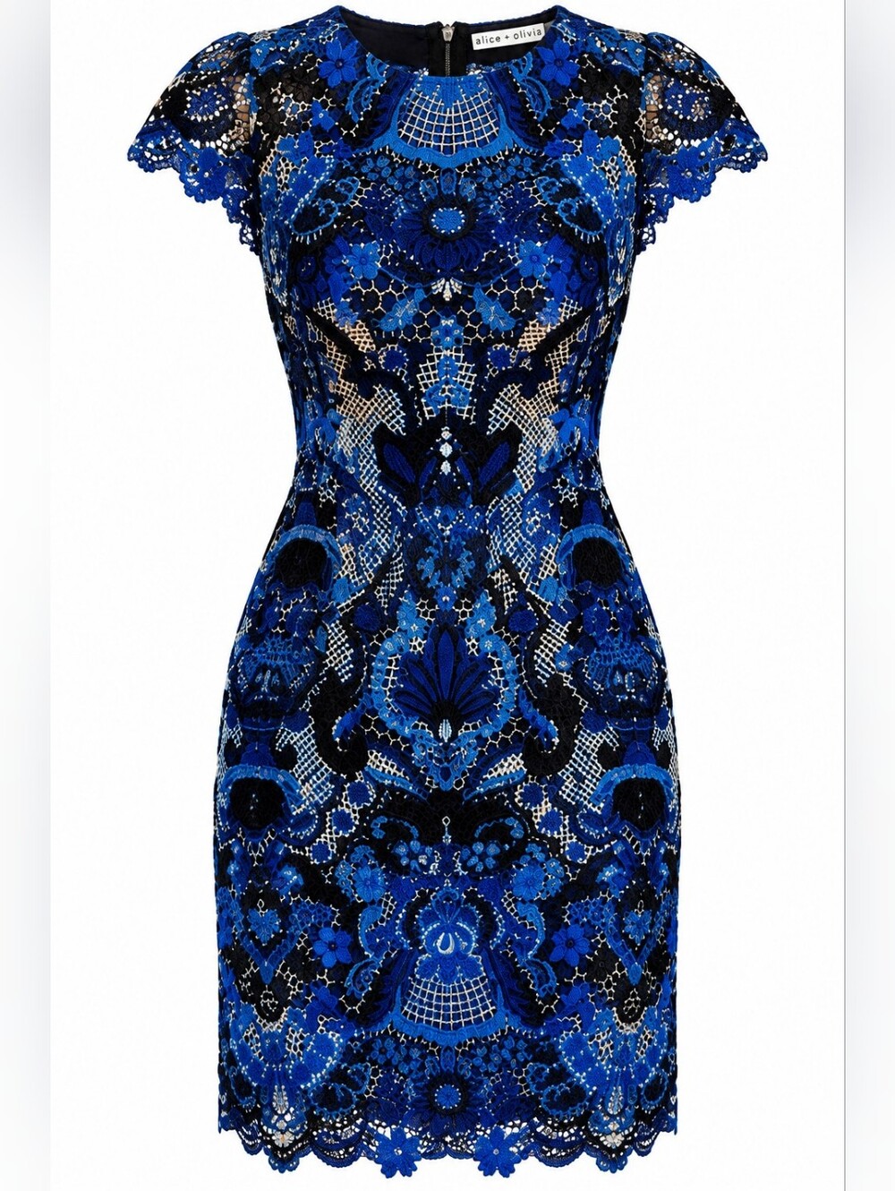 ALICE + OLIVIA            Blue Black Floral    Guipure Lace Imani Dress
